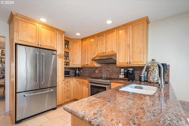 kitchen featuring stone countertops, sink, decorative backsplash, and stainless steel appliances