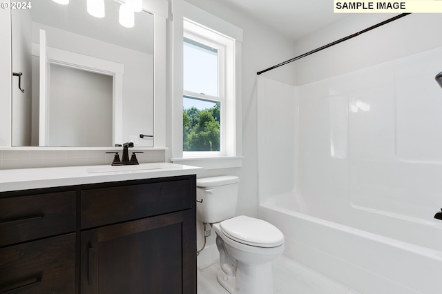 full bathroom with tile patterned floors, vanity, toilet, and bathtub / shower combination