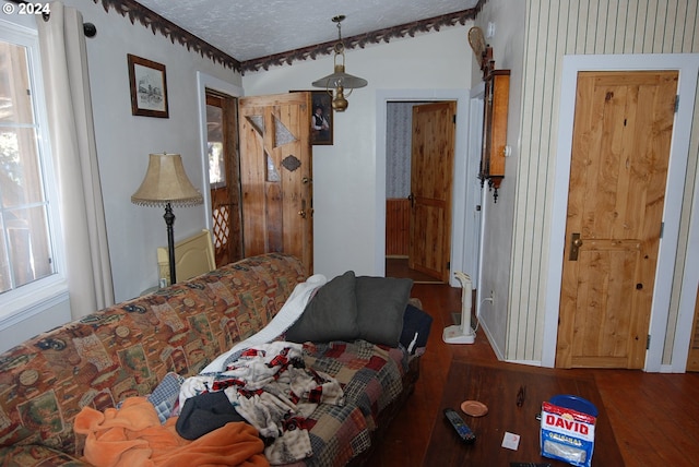 bedroom with dark hardwood / wood-style floors and a textured ceiling