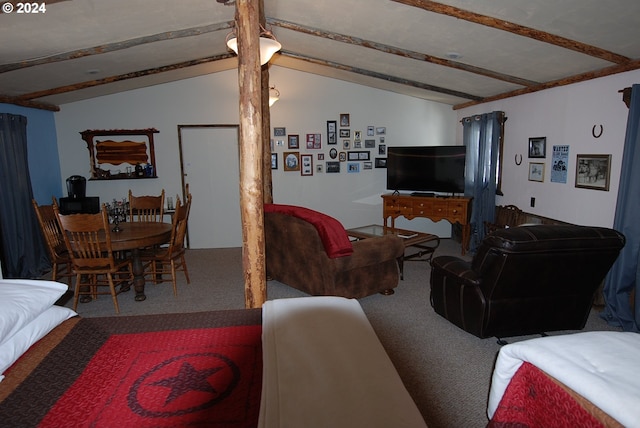 living room with vaulted ceiling with beams and carpet