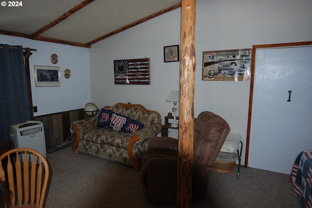 carpeted living room featuring vaulted ceiling