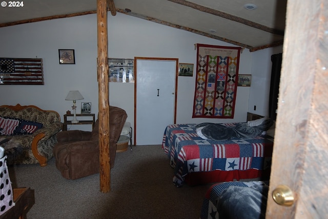 bedroom featuring carpet floors and lofted ceiling with beams