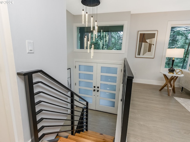 foyer entrance with french doors, hardwood / wood-style flooring, and a wealth of natural light