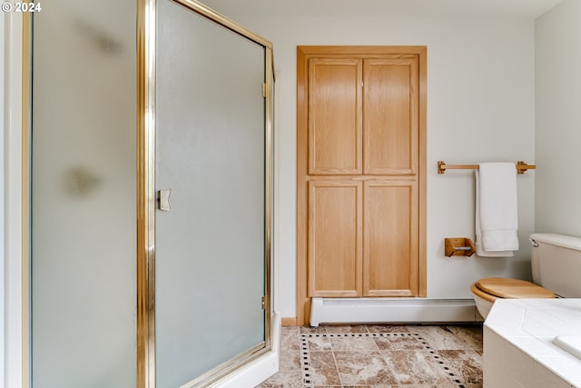 bathroom with a baseboard heating unit, tile patterned floors, an enclosed shower, and toilet