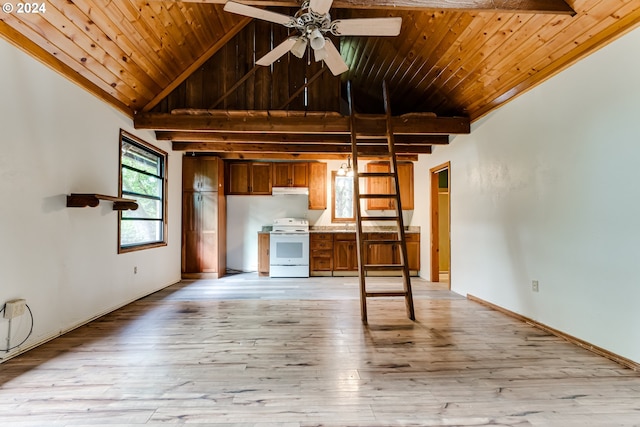 unfurnished living room with ceiling fan, light wood-type flooring, wood ceiling, and high vaulted ceiling