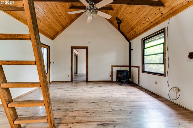 unfurnished living room featuring ceiling fan, a wood stove, high vaulted ceiling, wooden ceiling, and light wood-type flooring