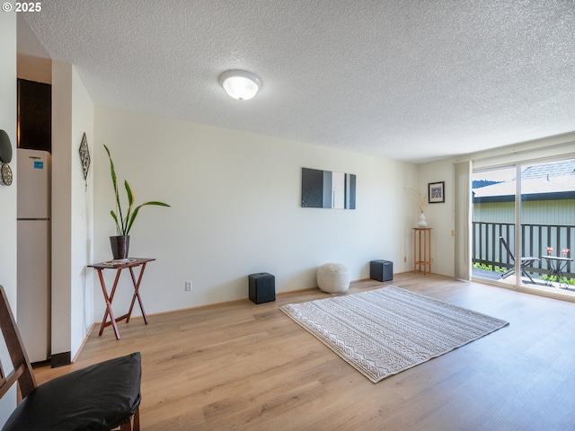 interior space with wood finished floors and a textured ceiling