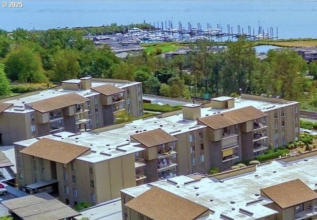 aerial view featuring a water view