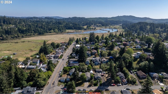 birds eye view of property with a water and mountain view and a wooded view