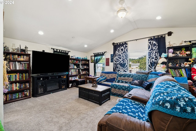 living area with carpet floors, a fireplace, recessed lighting, a ceiling fan, and vaulted ceiling