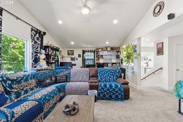 living room featuring carpet floors, recessed lighting, vaulted ceiling, ceiling fan, and baseboards