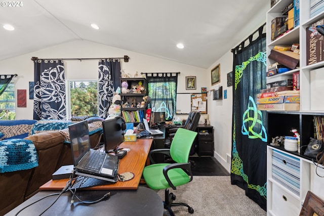 home office with vaulted ceiling and recessed lighting