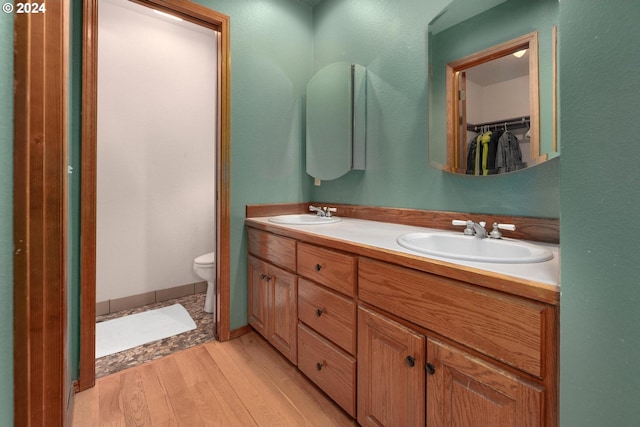 bathroom with vanity, hardwood / wood-style flooring, and toilet