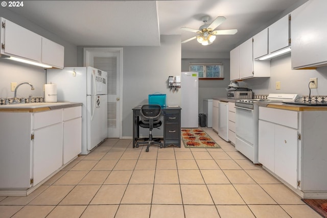 kitchen with ceiling fan, white appliances, white cabinetry, and light tile patterned floors