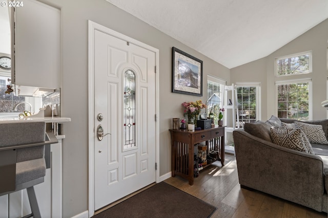 foyer entrance featuring vaulted ceiling, baseboards, and wood-type flooring