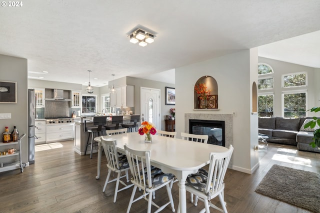 dining area featuring a multi sided fireplace, baseboards, dark wood-type flooring, and lofted ceiling