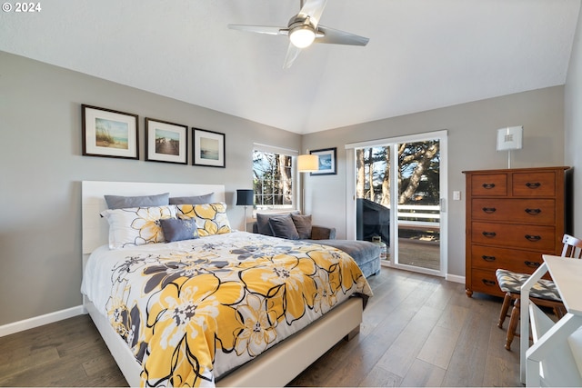 bedroom with a ceiling fan, access to outside, wood finished floors, baseboards, and vaulted ceiling