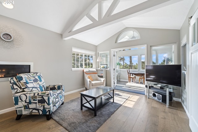 living area featuring baseboards, a lit fireplace, wood finished floors, and vaulted ceiling