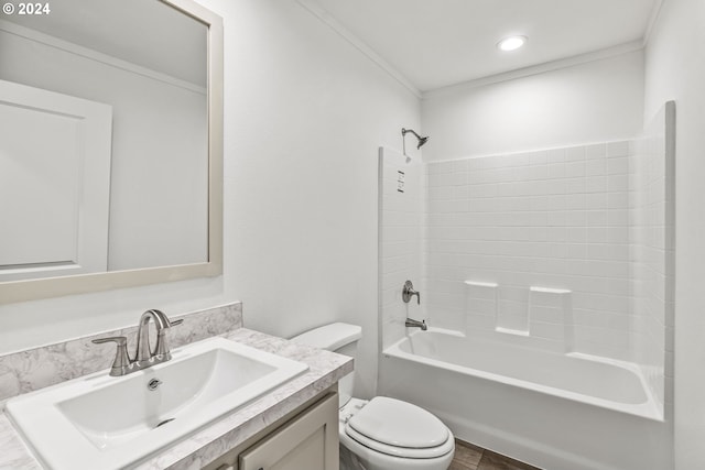 full bathroom featuring toilet, crown molding, shower / tub combination, and vanity