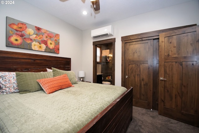 bedroom featuring dark carpet, a wall unit AC, and ceiling fan