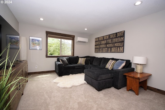 living room with light carpet and a wall mounted AC