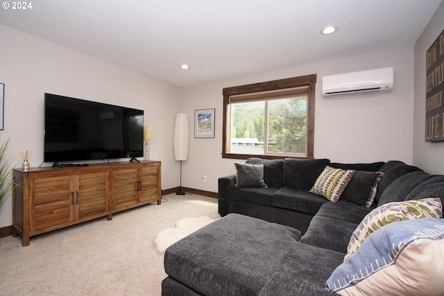 living room featuring a wall mounted AC and light carpet