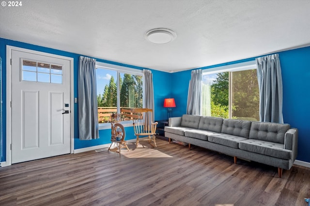 living room featuring a textured ceiling and hardwood / wood-style flooring