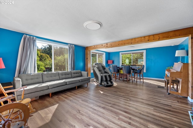 living room with wood-type flooring and a textured ceiling