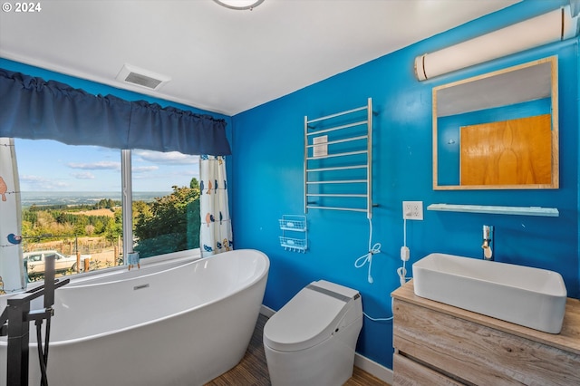 bathroom featuring vanity, a bathing tub, and toilet