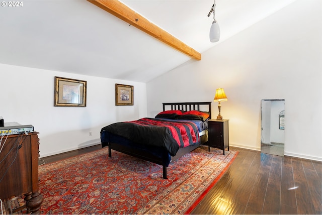 bedroom featuring vaulted ceiling with beams and dark wood-type flooring