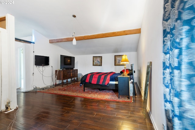 bedroom featuring lofted ceiling with beams and dark hardwood / wood-style flooring