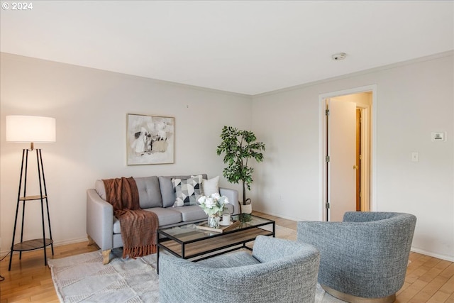 living room with light hardwood / wood-style floors and ornamental molding