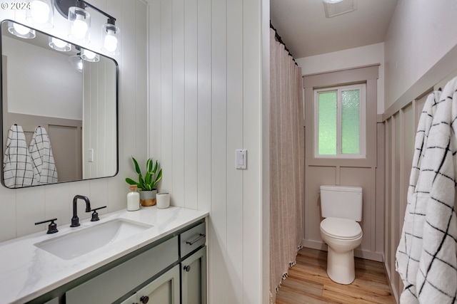 bathroom featuring vanity, hardwood / wood-style flooring, and toilet