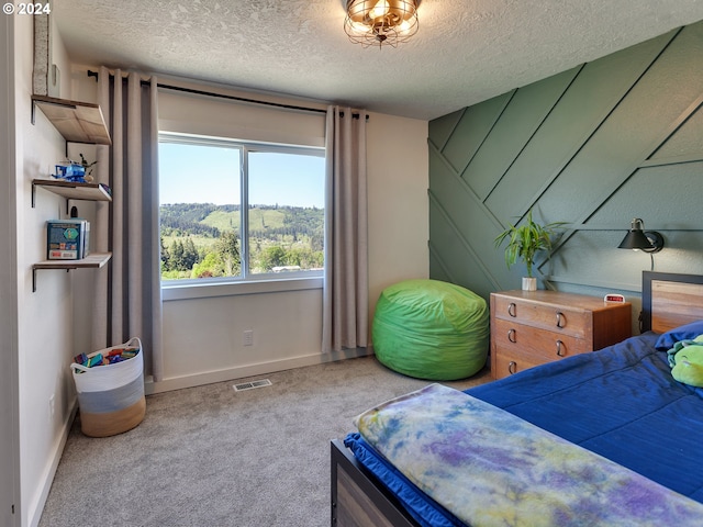 bedroom featuring carpet and a textured ceiling