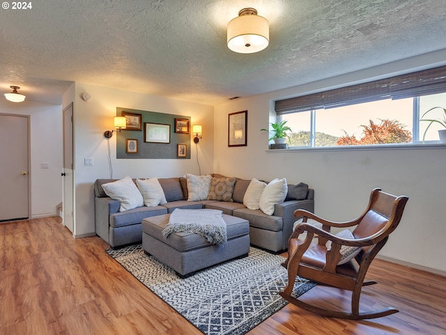 living room with wood-type flooring and a textured ceiling