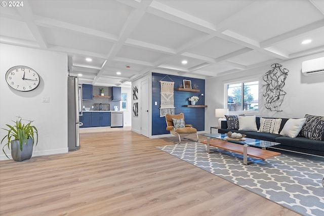 living room featuring coffered ceiling, a wall mounted AC, and light wood-type flooring