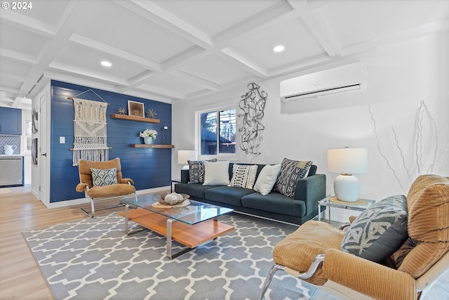 living room with beamed ceiling, coffered ceiling, a wall mounted AC, and wood-type flooring