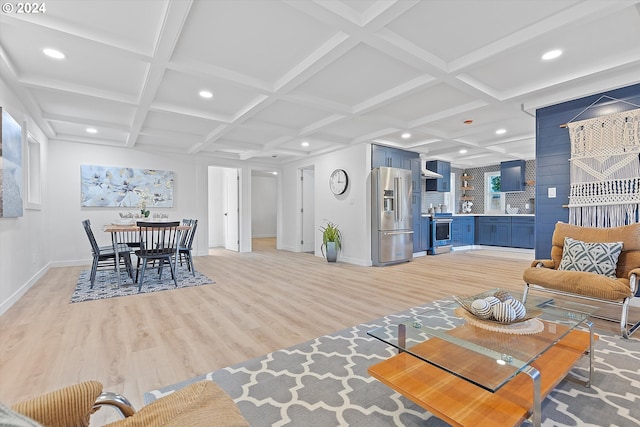 living room featuring light hardwood / wood-style floors, beam ceiling, and coffered ceiling