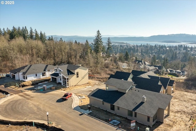 drone / aerial view featuring a mountain view