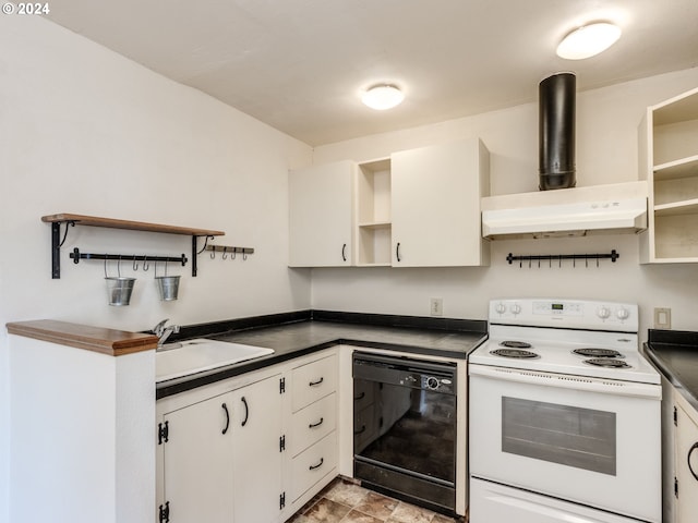 kitchen featuring white electric range, range hood, sink, black dishwasher, and white cabinets