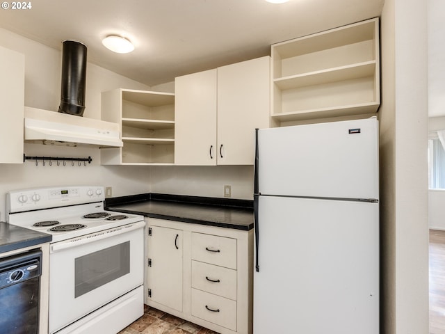 kitchen featuring white appliances, premium range hood, and white cabinets