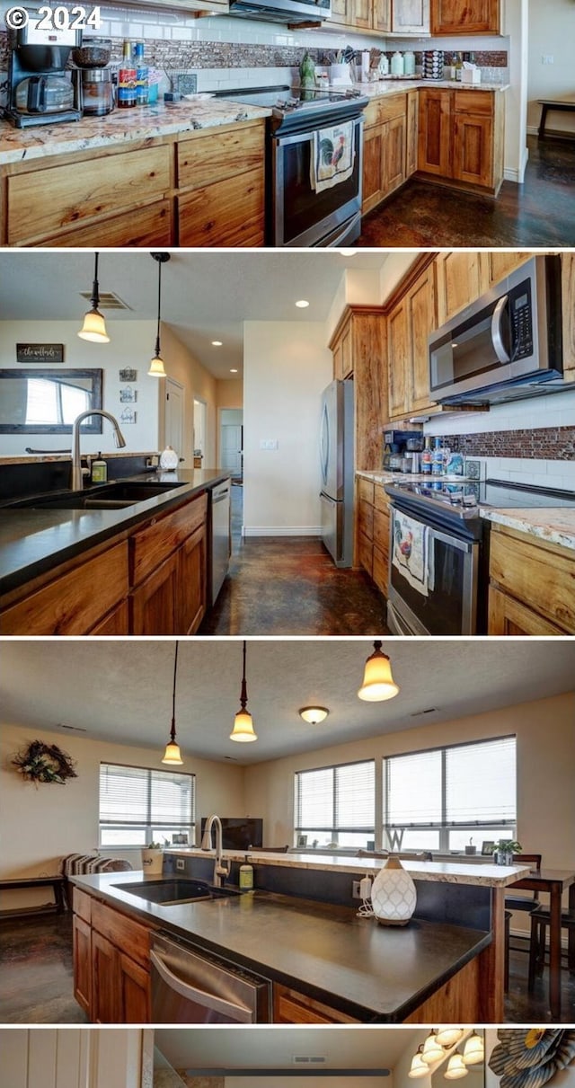 kitchen featuring pendant lighting, stainless steel appliances, a healthy amount of sunlight, and sink