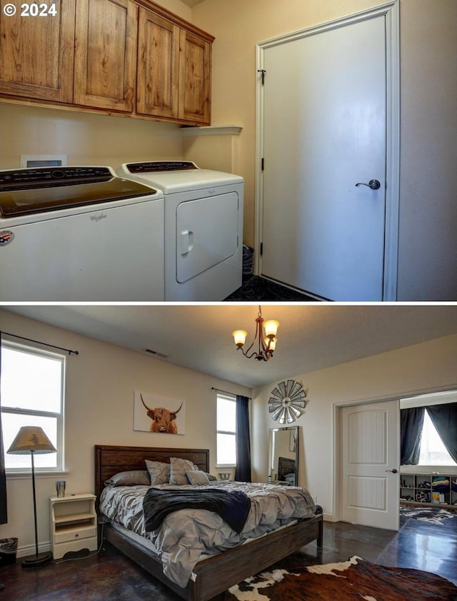 bedroom with separate washer and dryer and a chandelier