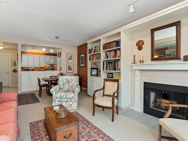 carpeted living room with built in shelves and track lighting