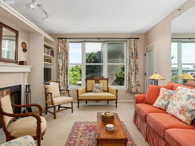 living room featuring light carpet and track lighting