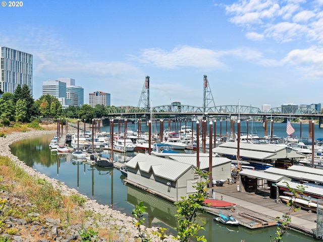 view of dock with a water view