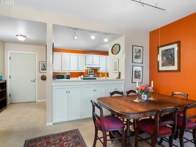 dining area featuring track lighting and light colored carpet