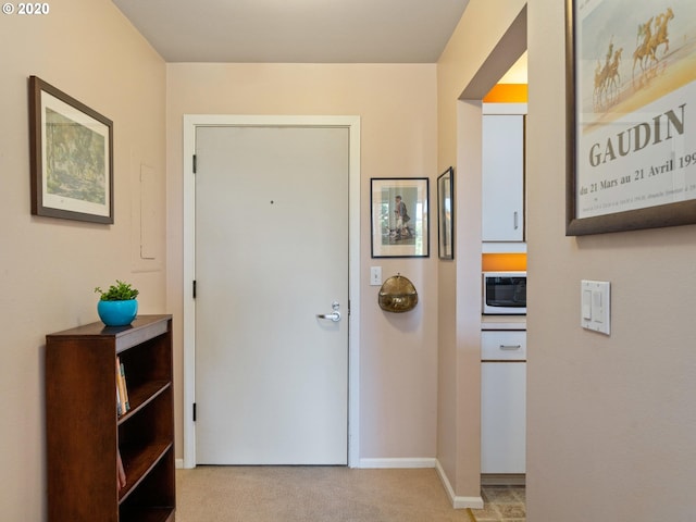 foyer with light carpet