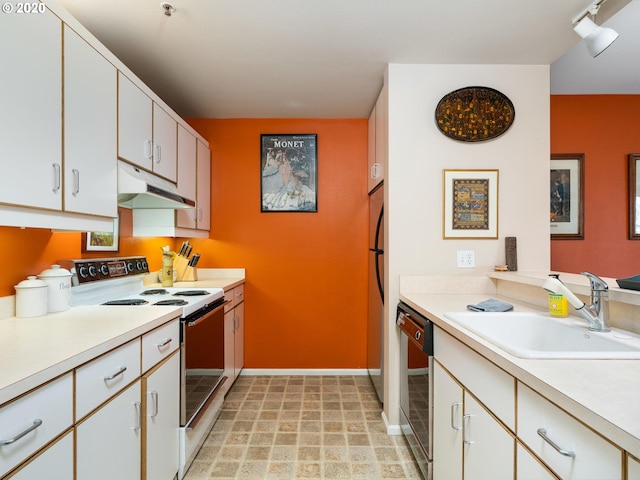 kitchen with sink, black dishwasher, white range with electric cooktop, light tile flooring, and white cabinetry