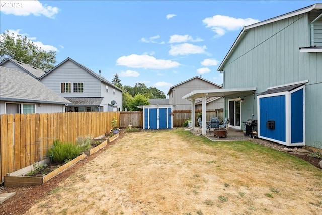 view of yard with a patio and a storage unit